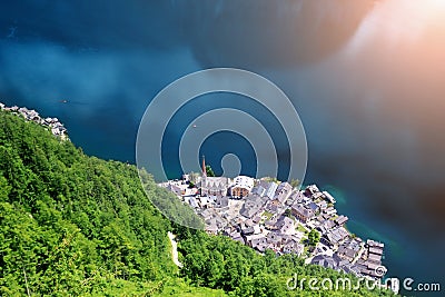 Aerial view from above on famous historical Hallstatt town on Hallstatter lake in austrian Alps. Scenic travel destination Stock Photo