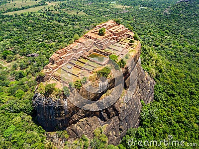 Aerial view from above of Sigiriya or the Lion Rock, an ancient fortress and a palace in Dambulla, Sri Lanka. Stock Photo