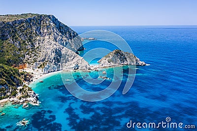 Aerial view Agia Eleni beach in Kefalonia Island, Greece. Remote beautiful rocky beach with clear emerald water and high Stock Photo