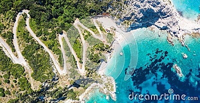 Aerial view Agia Eleni beach in Kefalonia Island, Greece. Remote beautiful rocky beach with clear emerald water and high Stock Photo