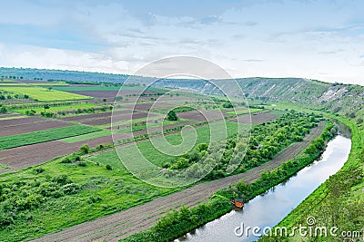 Aerial view of agricultural fields with river stock photo Stock Photo