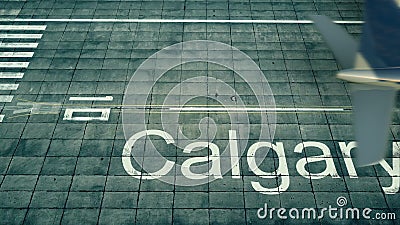 Aerial view of an airplane arriving to Calgary airport. Travel to Canada 3D rendering Stock Photo
