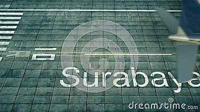 Aerial view of an airplane arriving to Surabaya airport. Travel to Indonesia 3D rendering Stock Photo