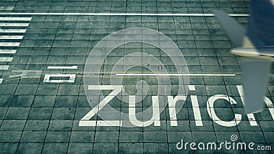 Aerial view of an airplane arriving to Zurich airport. Travel to Switzerland 3D rendering Stock Photo