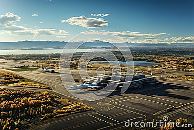 An aerial view of an airport with planes parked on the airport tarmac. Stock Photo