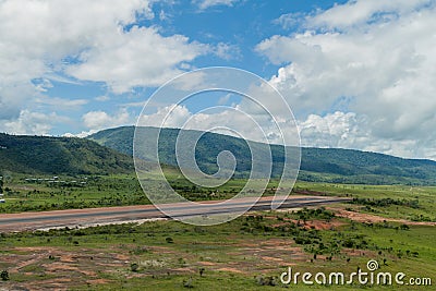 Aerial view of an airstrip in Canaima village, Venezue Stock Photo