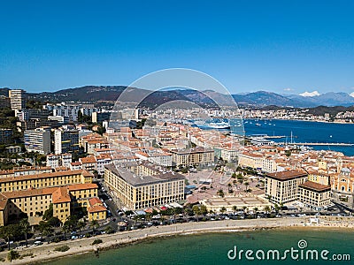 Aerial view of Ajaccio, Corsica, France. The harbor area and city center seen from the sea Stock Photo