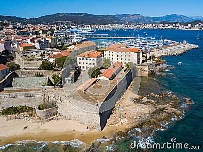 Aerial view of Ajaccio, Corsica, France. The harbor area and city center seen from the sea Stock Photo