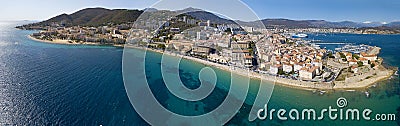 Aerial view of Ajaccio, Corsica, France. The harbor area and city center seen from the sea Stock Photo