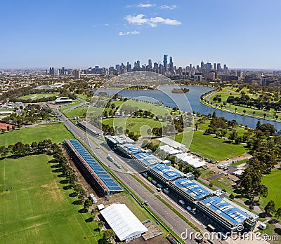 Aerial view of the Albert Park F1 Grand Prix circuit with the lake and Melbourne in the background Editorial Stock Photo