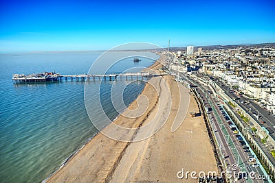 Aerial view along Brighton Beach towards the Victorian Palace Pier Editorial Stock Photo