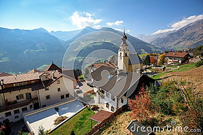 Aerial view of the alpine village of Stulles on a sunny autumn day. Stubai Alps, South Tyrol, Italy Stock Photo