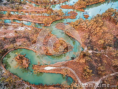 Aerial view of amazing meandering river. Stock Photo