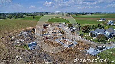 Aerial View of an Amish Barn Raising after a large fire destroyed them Stock Photo