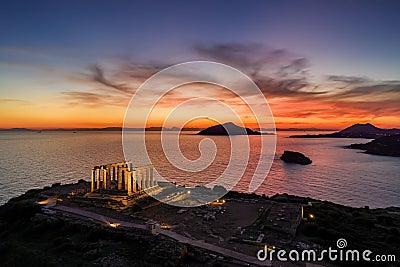 Aerial view of the ancient Temple of Poseidon, Greece Stock Photo