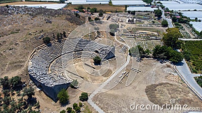 Aerial view of ancient theater in Letoon Ancient Greek City Stock Photo