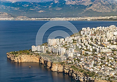 Aerial view of Antalya and Falezler. Coast, buildings and sea from the airplane window. Stock Photo