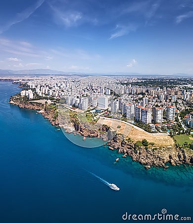 Aerial view at the Antalya, Turkey. Blue sea from air as a background. Stock Photo