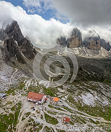 Aerial view of the Antonio Locatelli hut is a refuge located in the Tre Cime di Lavaredo Stock Photo