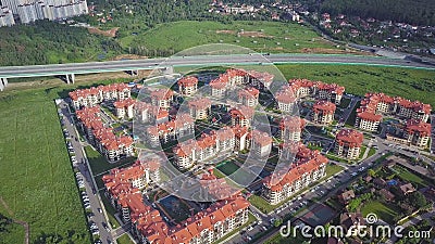 Aerial view apartment buildings complex and residential houses neighborhood. Clip. Top view of the modern luxery Stock Photo