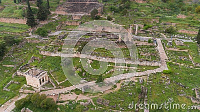 Aerial view of archaeological site of ancient Delphi, site of temple of Apollo and the Oracle, Greece Stock Photo