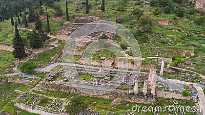 Aerial view of archaeological site of ancient Delphi, site of temple of Apollo and the Oracle, Greece Stock Photo
