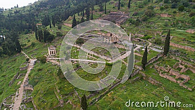 Aerial view of archaeological site of ancient Delphi, site of temple of Apollo and the Oracle, Greece Stock Photo