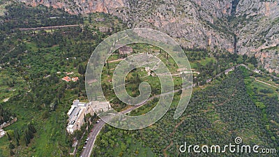 Aerial view of archaeological site of ancient Delphi, site of temple of Apollo and the Oracle, Greece Stock Photo
