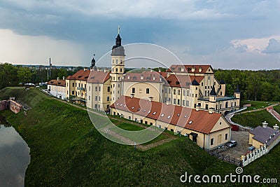 Aerial view of architectual monument, Nesvizh castle in Belarus. Editorial Stock Photo