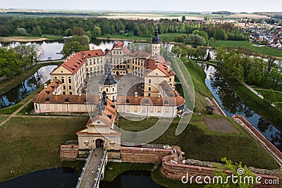 Aerial view of architectual monument, Nesvizh castle in Belarus. Editorial Stock Photo