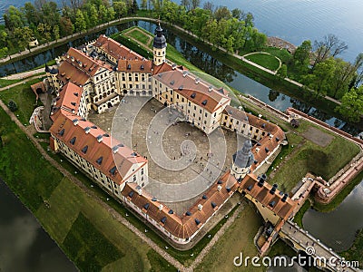 Aerial view of architectual monument, Nesvizh castle in Belarus. Editorial Stock Photo