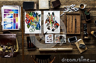 Aerial view of artistic euqipments painting tools on wooden table Stock Photo