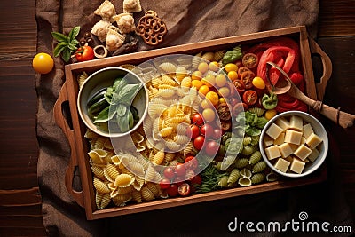 aerial view of assorted pasta in a wooden tray Stock Photo