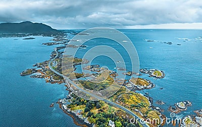 Aerial view Atlantic ocean road in Norway travel drone landscape stormy sky Stock Photo