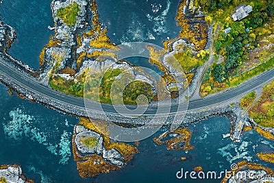 Aerial view Atlantic ocean road in Norway travel roadtrip drone scenery Stock Photo