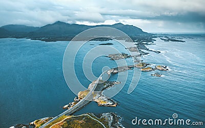 Aerial view Atlantic road in Norway travel drone scenery stormy moody sky Stock Photo