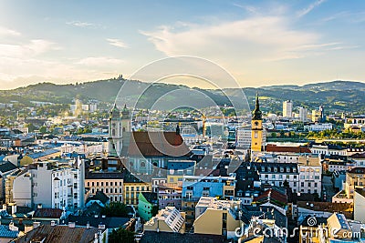 Aerial view of the Austrian city Linz including the old Cathedral, schlossmusem and the postlingberg basilica....IMAGE Stock Photo