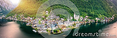 Aerial view of austrian mountain village Hallstatt and Hallstatter lake. Beautiful summer time. Salzkammergut, Austria. Hallstatt Stock Photo