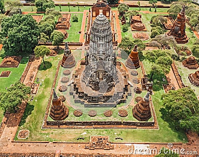 Aerial view of Ayutthaya temple, Wat Ratchaburana, empty during covid, in Phra Nakhon Si Ayutthaya, Historic City in Stock Photo