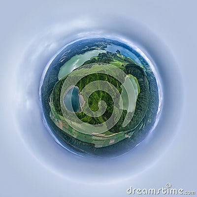 Aerial view of Azores, Portugal. Little planet panorama 360 degrees. Drone landscape in a Tiny planet image of Vila Franca Islet. Stock Photo