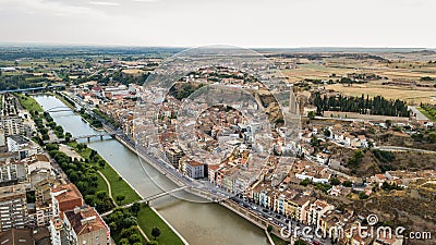 Aerial view of Balaguer with the river Segre, La Noguera, Province of Lleida, Catalonia, Spain Stock Photo