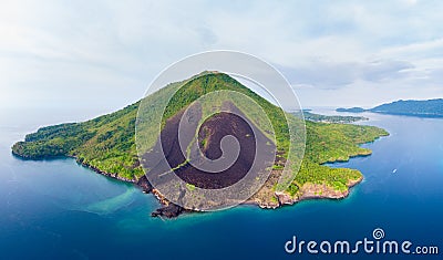 Aerial view Banda Islands Moluccas archipelago Indonesia, Pulau Gunung Api, lava flows, coral reef white sand beach. Top travel Stock Photo