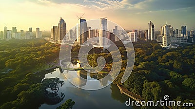 Aerial view of Bangkok city Lumpini public park with office building urban background Thailand. Generative Ai Stock Photo