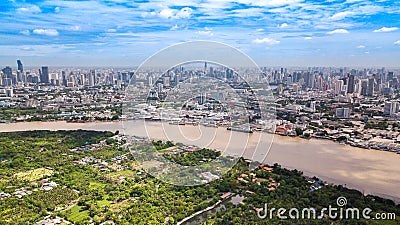 Aerial View of Bangkok skyline and view of Chao Phraya River Vie Editorial Stock Photo