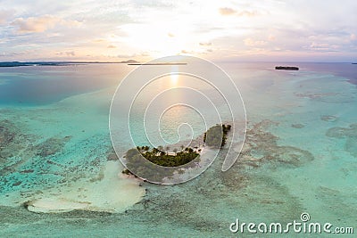 Aerial view Banyak Islands Sumatra tropical archipelago Indonesia, coral reef dramatic sky sunset. Travel destination, diving Stock Photo