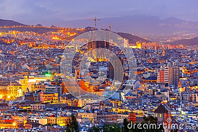 Aerial view Barcelona at night, Catalonia, Spain Stock Photo