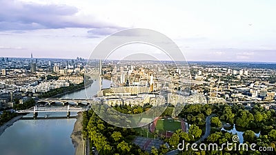 Aerial View of Battersea Power Station and Park in London feat Chelsea Bridge Stock Photo