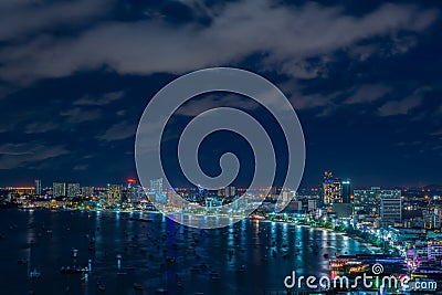 Aerial view of bay of city of Pattaya, Thailand in night Stock Photo