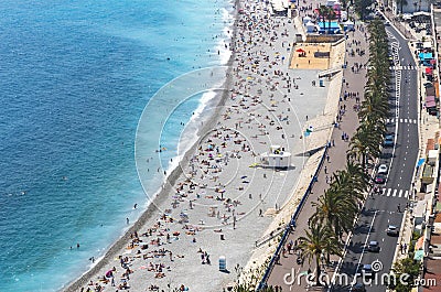 Aerial view of beach in City of Nice, Cote d'Azure, France Editorial Stock Photo