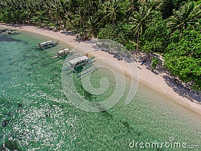 Aerial view of the beach with fishing boats. Elnido, Philippines, 2018 Stock Photo